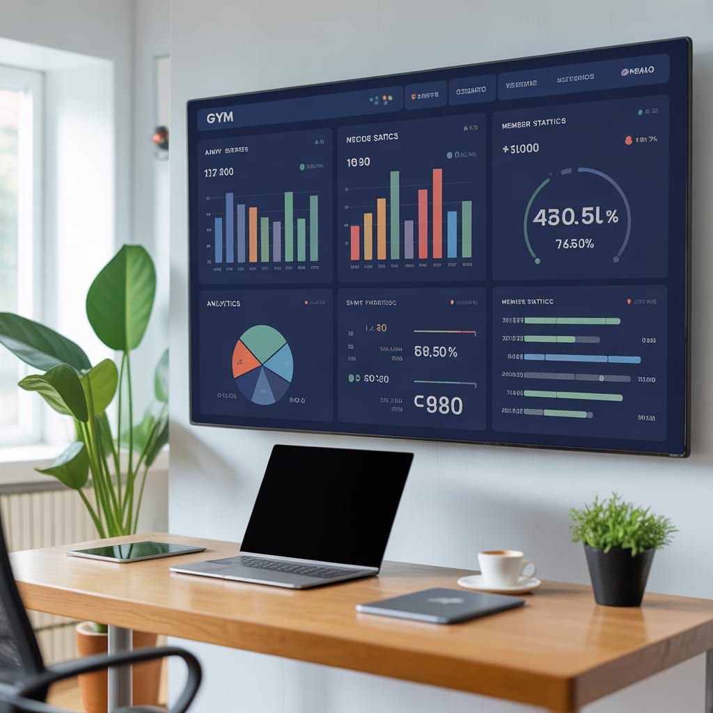 Wall-mounted monitor in a gym manager's office displaying colorful analytics dashboard with membership and revenue data