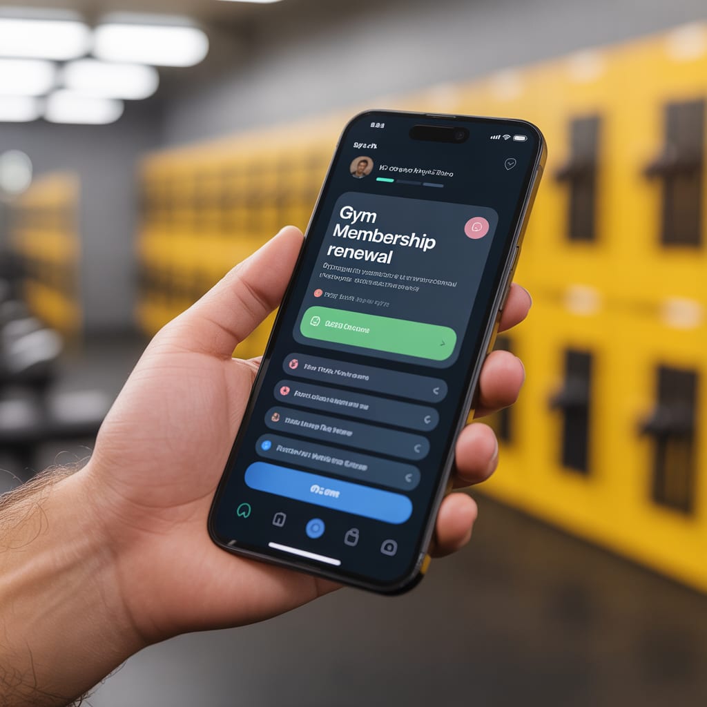 Smartphone receiving a push notification about gym membership renewal reminder from the AstraCaisse mobile app