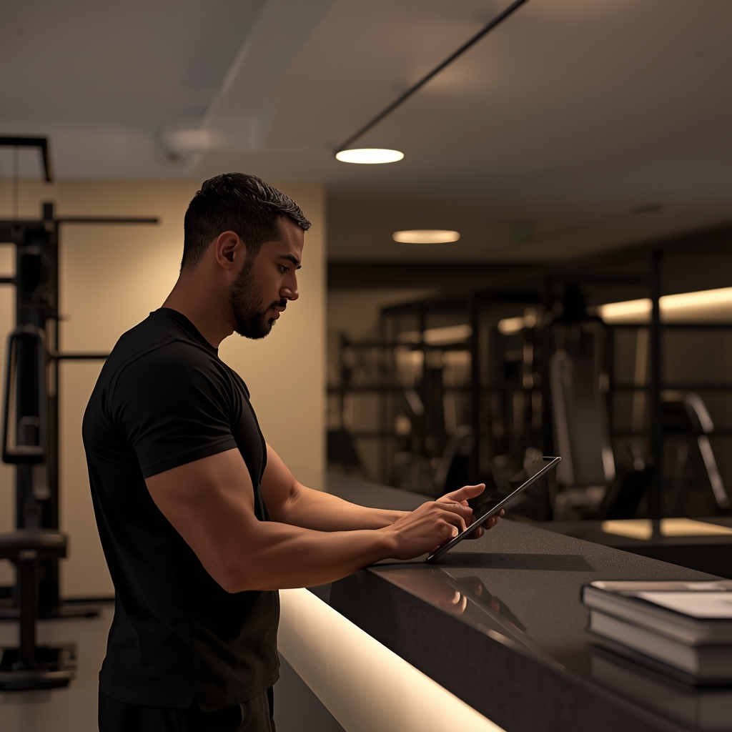 Gym receptionist using a tablet at a premium front desk for staff scheduling and member management